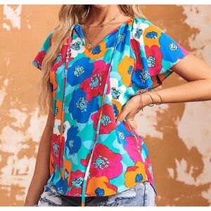 Jules & James colorful Women's Floral Double V Ruffle Sleeve Tunic Top